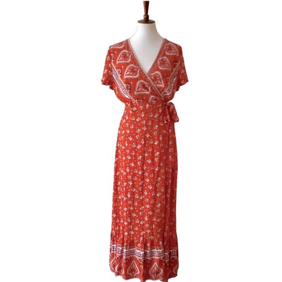 Medium Fall Maxi Dress Long Boho Medium Wrap Dress Cottage Prairie Orange Dress - Picture 8 of 16